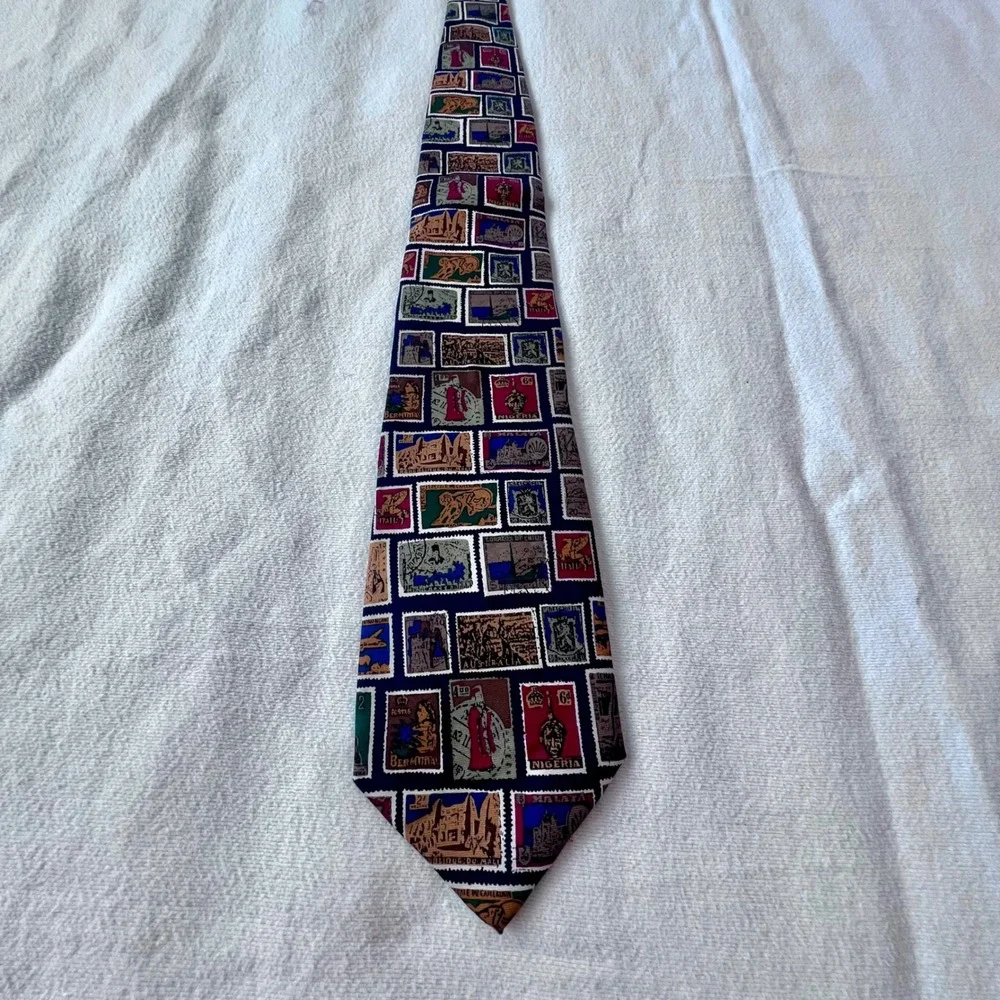 Alynn Mens Silk Tie International Stamp Collection Navy Blue Vintage Postage USA